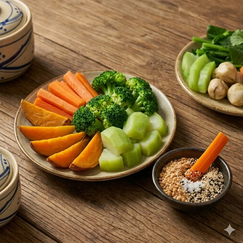 Hình ảnh Rau củ luộc và muối vừng điều