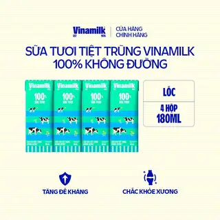 Hình ảnh Sữa tươi tiệt trùng Vinamilk 100% Không Đường Lốc 4 hộp 180ml_04ET12_LOC