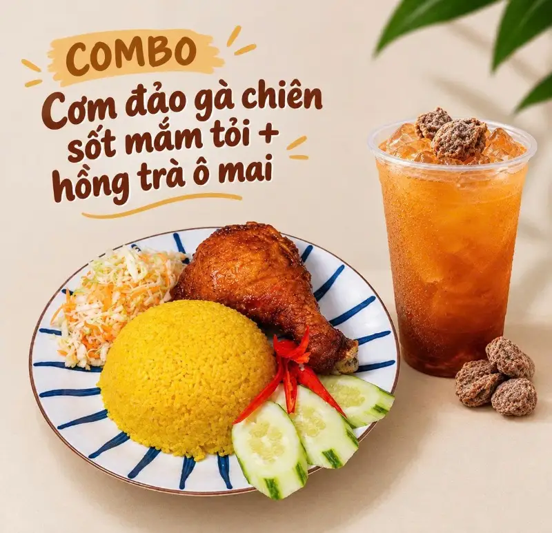 Hình ảnh Combo Cơm Đảo Gà Chiên Sốt Mắm Tỏi + Hồng Trà Ô Mai