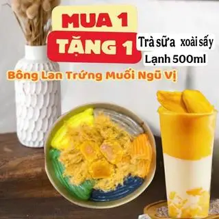 Hình ảnh bánh trứng muối 5 vị + trà sữa xoài sấy lạnh 