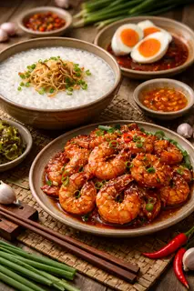 Hình ảnh . Cháo trắng hột vịt muối + tôm rim