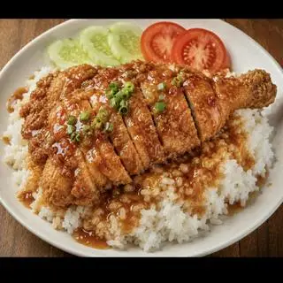 Hình ảnh Cơm đùi gà chiên Phủ sốt Hàn + đồ uống