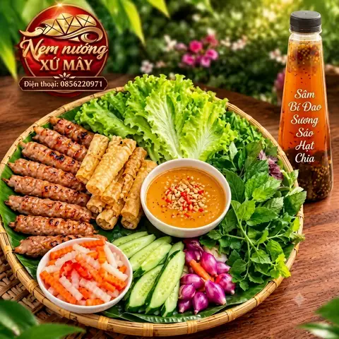 Hình ảnh Nem nướng Heo Bản + Ram giòn + Trà sâm bí đao, sương sáo hạt chia