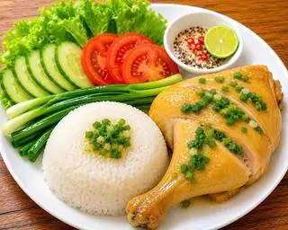 Hình ảnh Cơm Đùi Gà Góc Tư 1/4 Hấp Hành / Steamed Chicken Quarter (Thigh & Drumstick) with Scallions and Rice