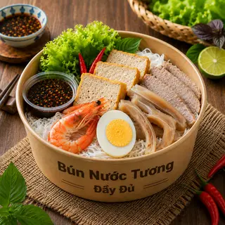 Hình ảnh Bún Nước Tương Đầy Đủ (Đậu, Tôm, Thịt, Tai, Trứng)