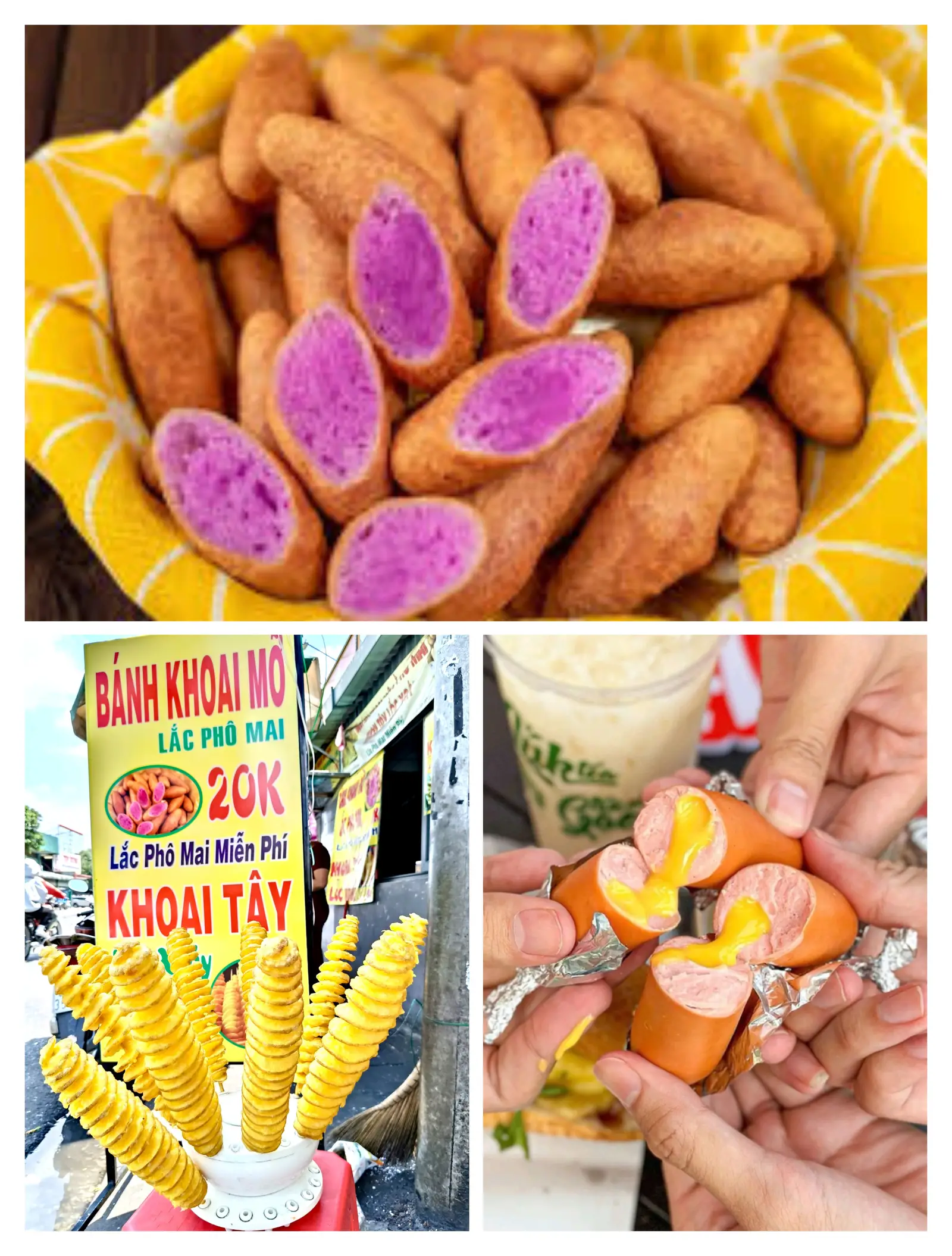 Hình ảnh Combo 3ph : 1xúc xích nướng phô mai tan chảy, 1 cây khoai tây lốc xoáy , 1 phần khoai mỡ lắc phô mai .