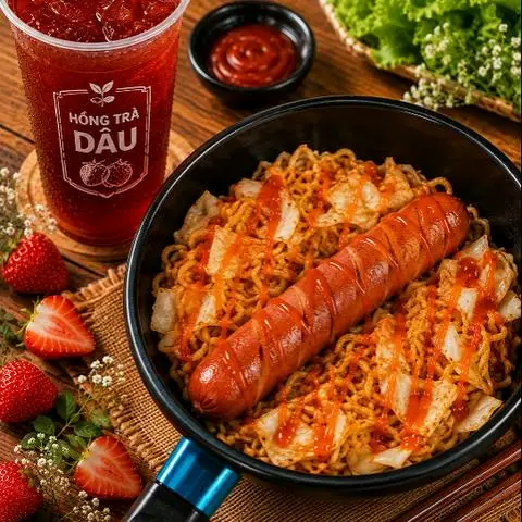 Hình ảnh Mì trộn xúc xích + hồng trà dâu 