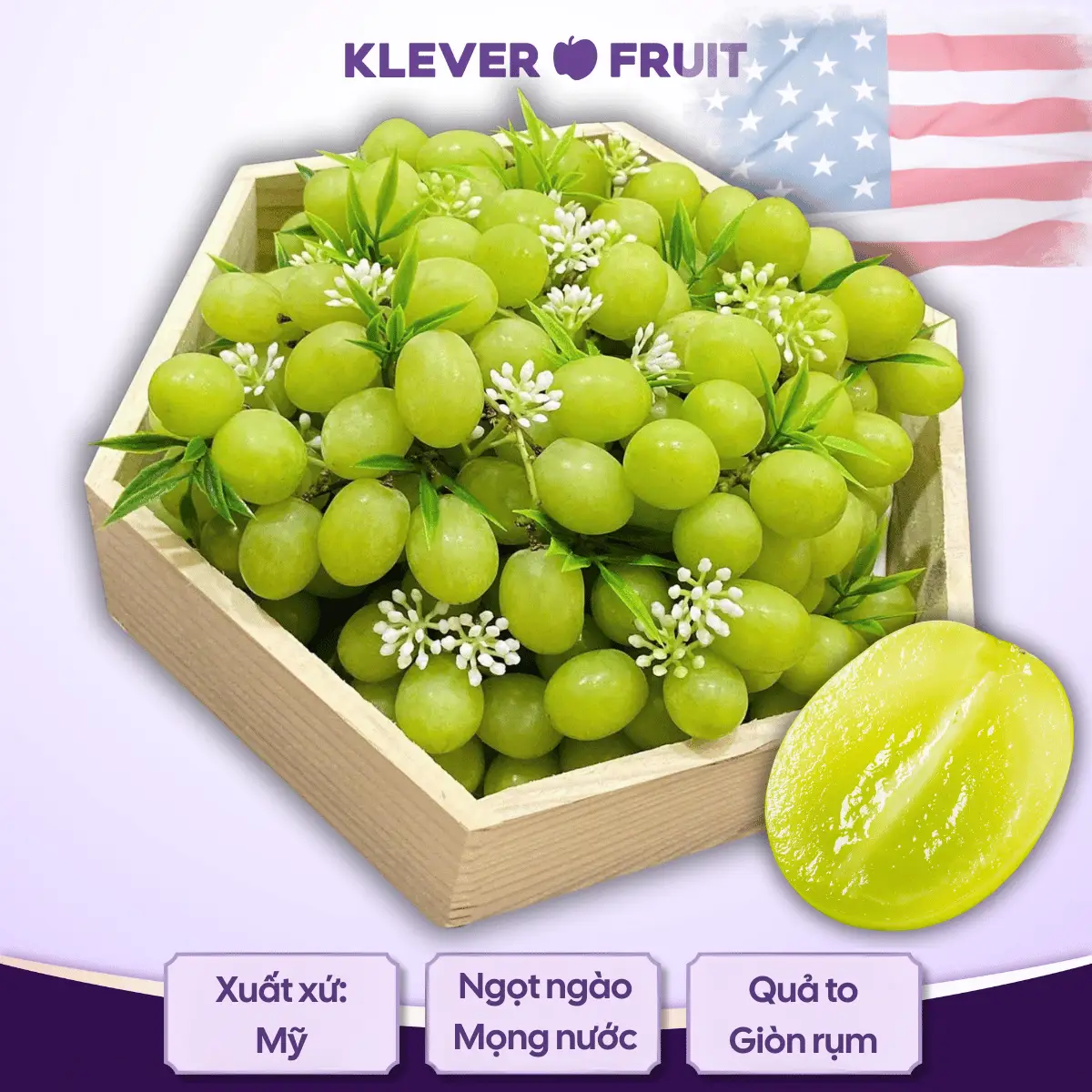 Hình ảnh Nho Xanh Không Hạt Mỹ - Khay Gỗ 2,7kg - USA Green Grapes - Klever Fruit