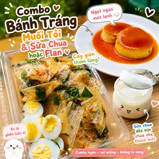 Hình ảnh Combo 1 hộp bánh tráng muối tỏi + 1 hũ bánh flan hoặc sữa chua tuỳ chọn
