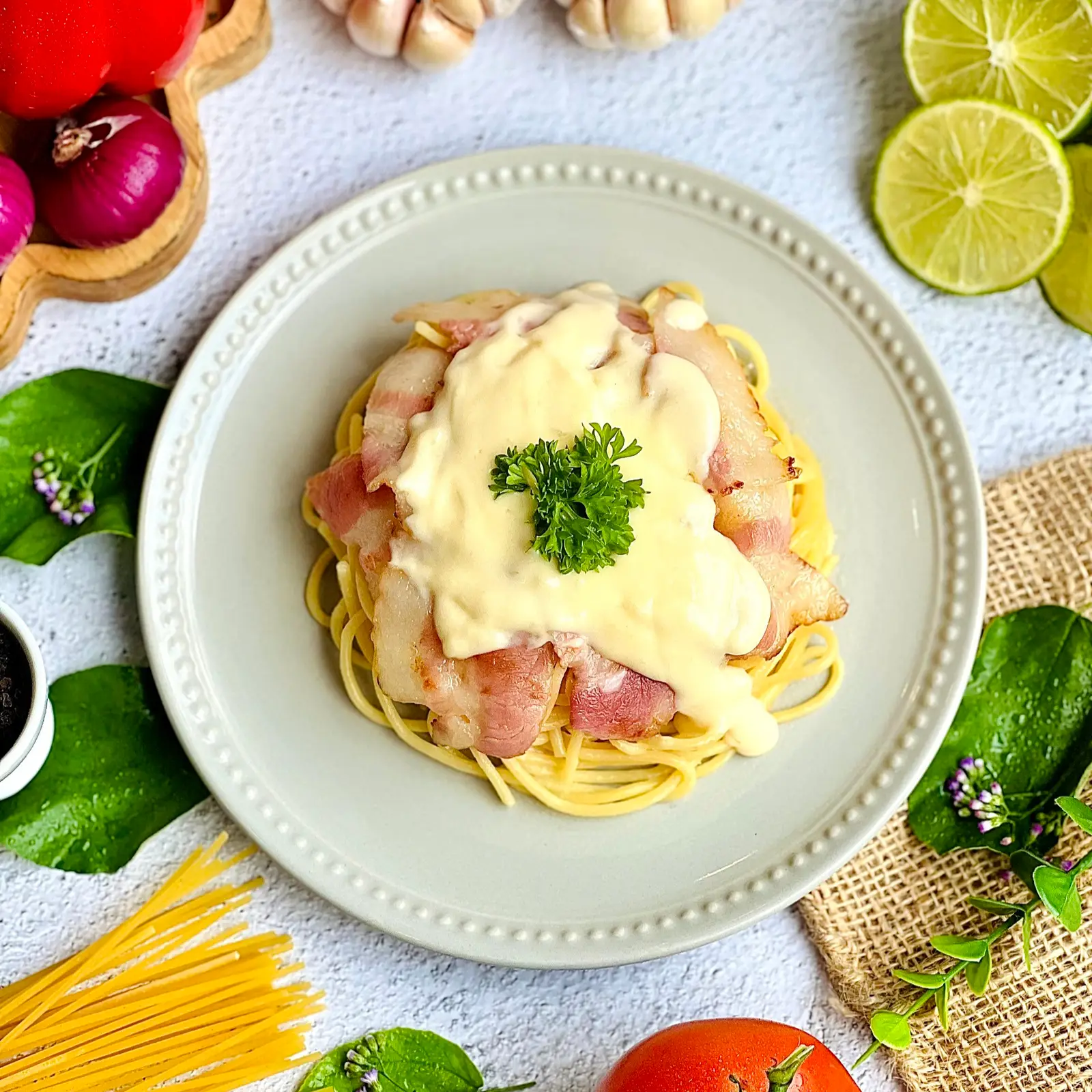 Hình ảnh Mì Ý Sốt Kem Phô Mai Thịt Xông Khói