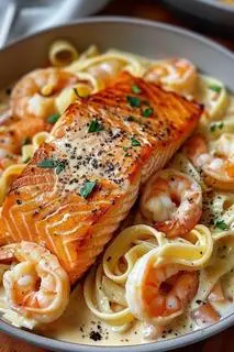 Hình ảnh pasta sốt kem nấm Cá hồi + Tôm