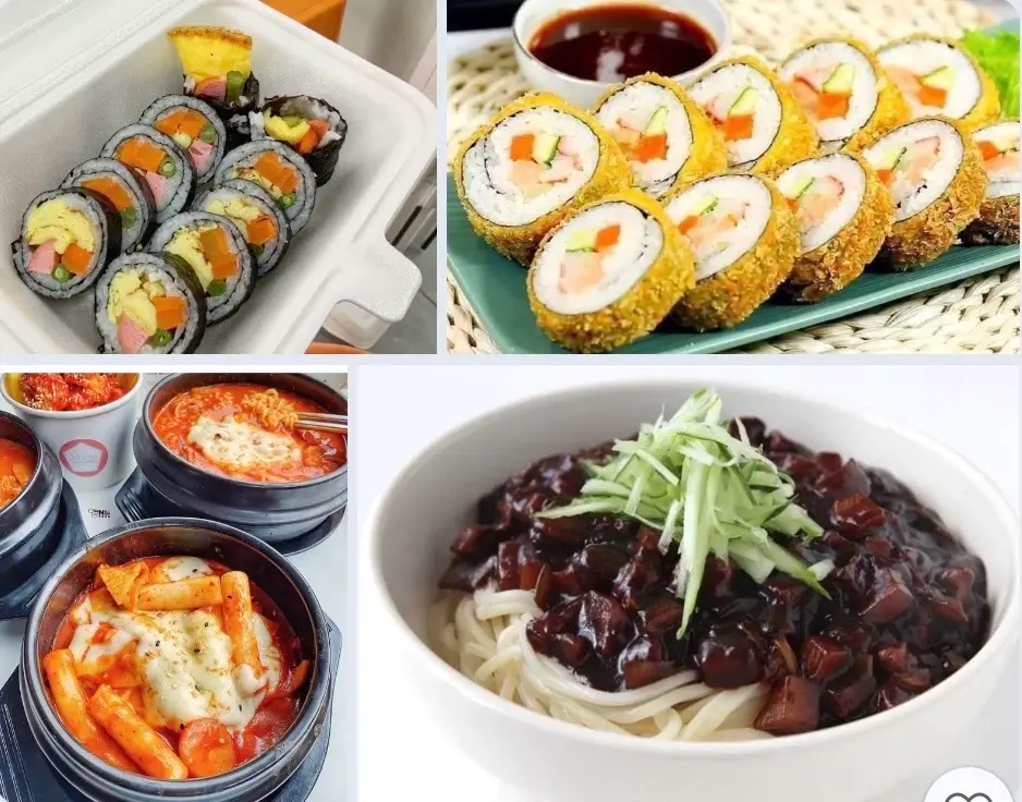 Hình ảnh combo 275k( tokbokki phomai - mỳ tương đen bò mỹ - kimbap chiên - kimbap thường)