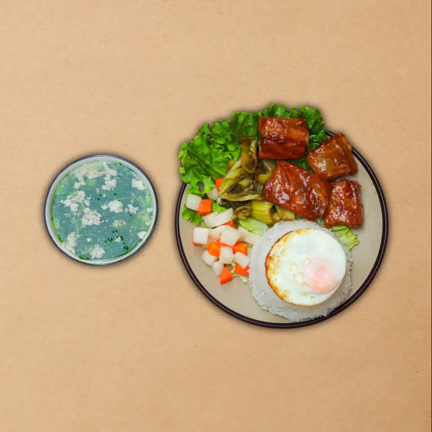 Hình ảnh COMBO Cơm Sườn Sốt Chua Ngọt+ Canh Thịt Băm + Trứng Ốp