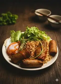 Hình ảnh Mì trộn sa tế Cay (1 vắt mì + Chả giò 4/cuốn)+ trứng lòng đào). 