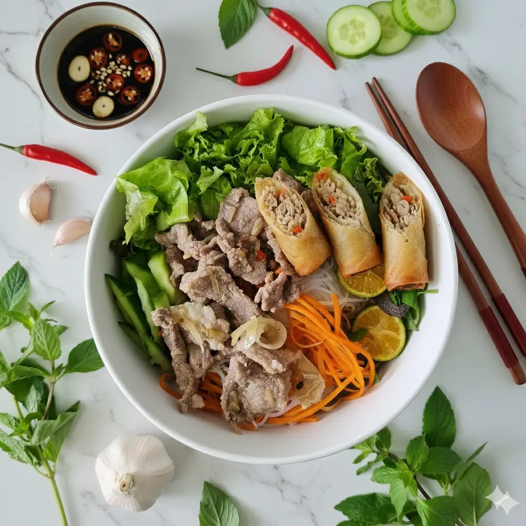 Hình ảnh Bún nước tương THỊT XÀO SẢ + CHẢ GIÒ