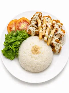 Hình ảnh Cơm gà viên sốt kem hành - canh rong biển