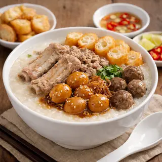 Hình ảnh Cháo sườn - thịt bằm - cút rim - bò viên