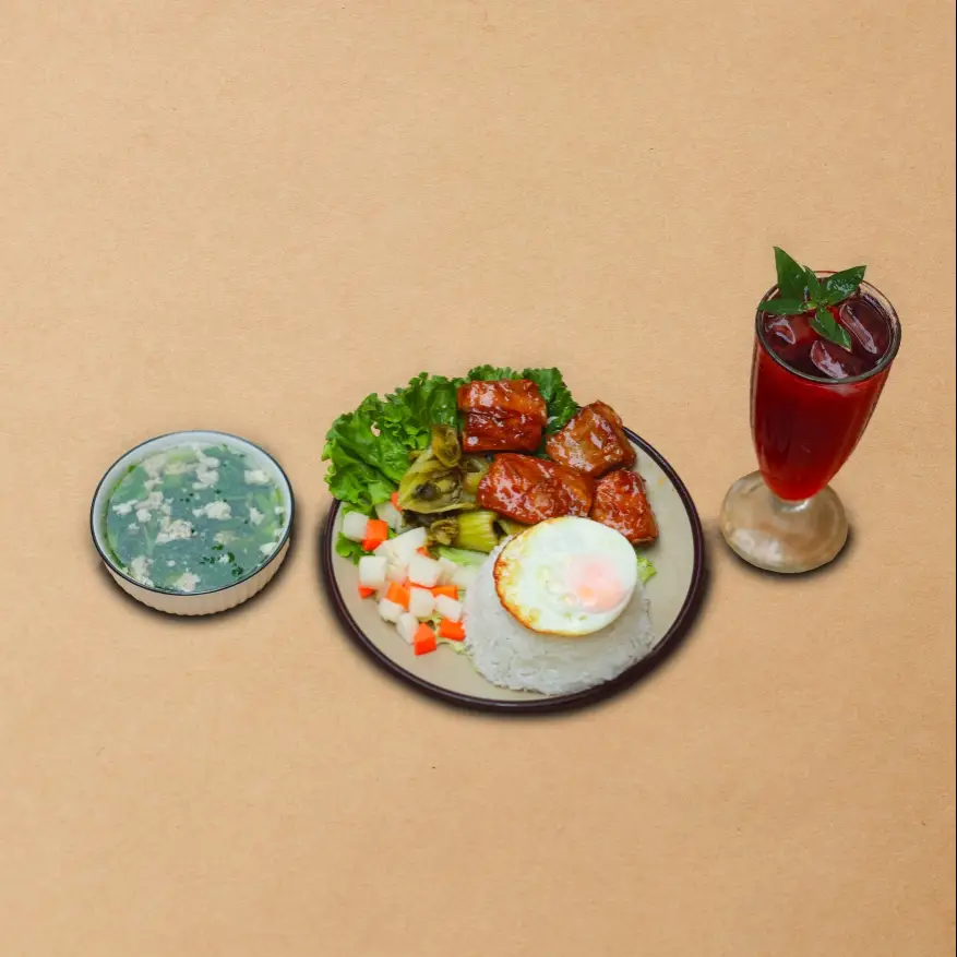 Hình ảnh COMBO Cơm Sườn Sốt Chua Ngọt+ Canh Thịt Băm + Nước + Trứng Ốp
