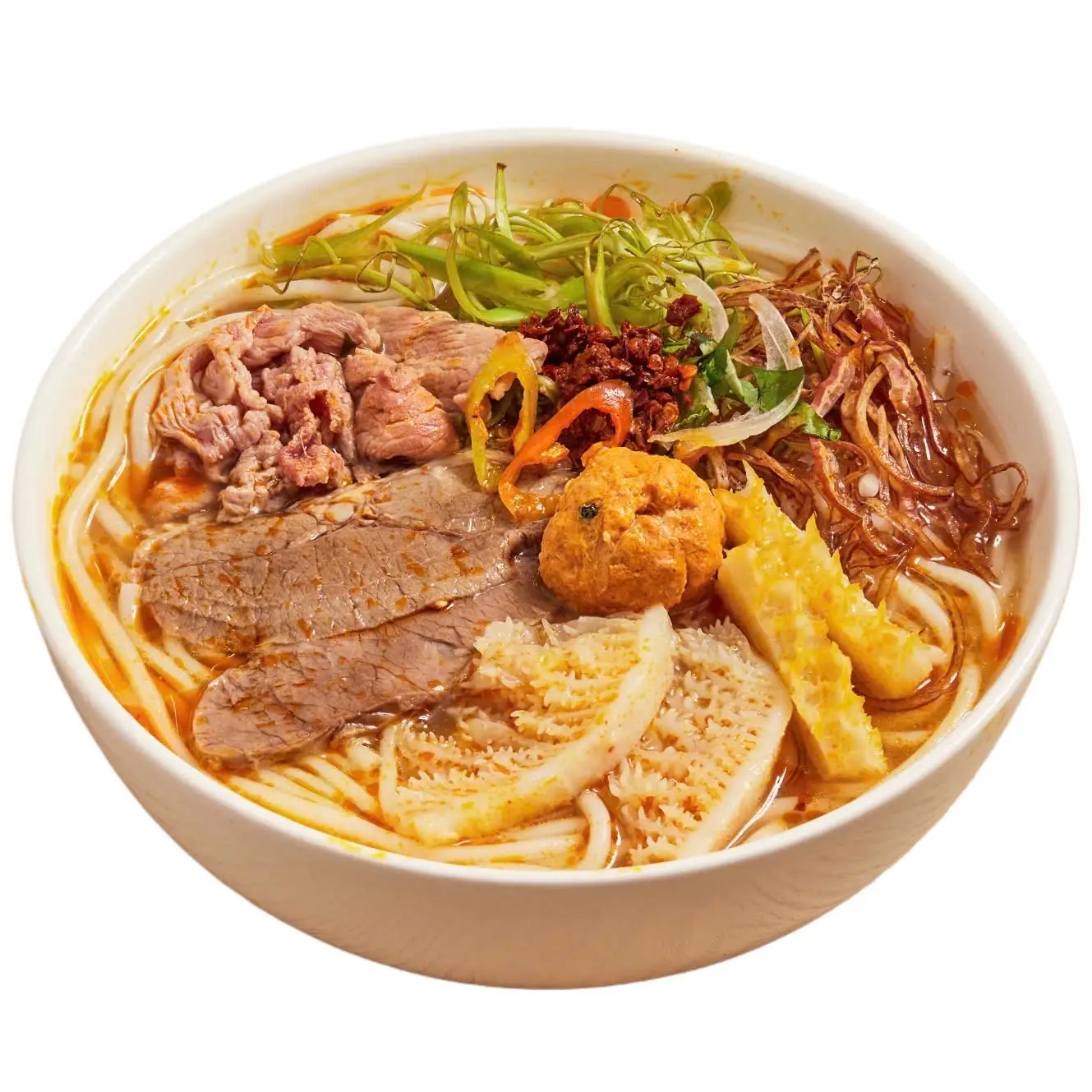 Hình ảnh Bún Bò Tái Nạm Chả Lòng (Thịt Tái + Nạm Bò + Chả Cua + Lá Sách và Khăn Lông Bò)