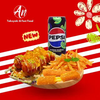 Hình ảnh 7 viên Takoyaki nhân bạch tuột + Khoai tây chiên vừa + 1lon nước ngọt 320ml hoặc 1 phô mai queee