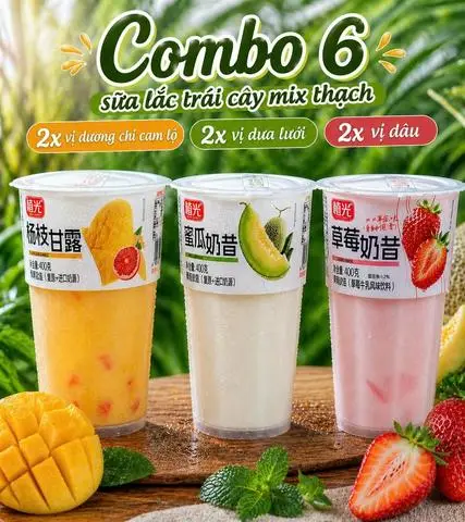 Hình ảnh ComBo 6 Ly Sữa Lắc Trái Cây Mix Thạch Gồm 2 Ly Vị Dương Cam Chi Lộ Và 2 Ly Vị Dưa Lưới Và 2 Ly Vị Dâu