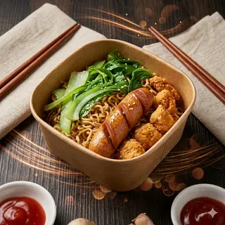 Hình ảnh Mì trộn Indomie Gà viên karaage Xúc xích