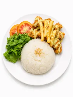 Hình ảnh Cơm gà viên sốt mù tạt mật ong - canh rong biển