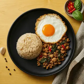 Hình ảnh Cơm Heo Xào Lá Húng Quế Trứng Chiên