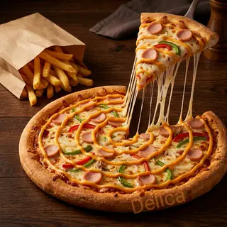 Hình ảnh ⭐ (Deal Sốc Giảm 50%) Pizza Xúc Xích Sốt Phô Mai + Khoai Tây Lắc Phô Mai