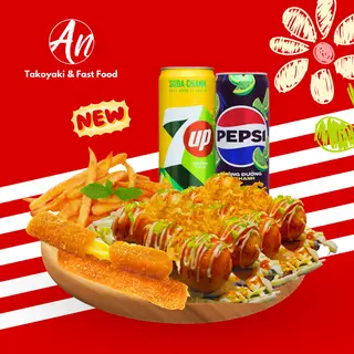 Hình ảnh 14 viên Takoyaki nhân bạch tuột + Khoai Tây Chiên vừa + 2 Phô Mai Que + 1lon Nước ngọt 320ml 