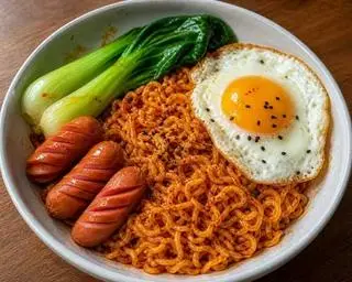 Hình ảnh mì trộn Xúc Xích trứng ốpla hoặc trứng Luộc 35k