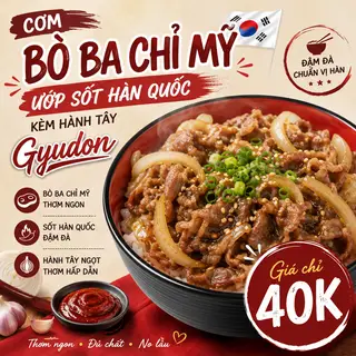 Hình ảnh Cơm bò ba chỉ Mỹ ướp sốt Hàn Quốc với hành tây (gyudon) ăn kèm kim chi