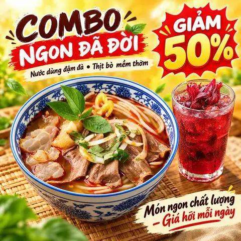 Hình ảnh [GIẢM 50%] Combo Bún bò Nạm gân + Trà Hibiscus