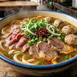 Hình ảnh bún bò tái + nạm + viên