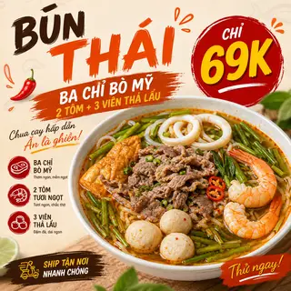 Hình ảnh Bún Thái Hải Sản : Ba Chỉ Bò Mỹ + tôm + mực + viên thả lẩu