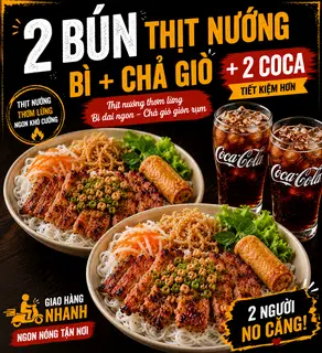 Hình ảnh Combo ( 2 bún xiên thịt nướng than truyền thống+Bì +Chả giò + 2 CoCa)