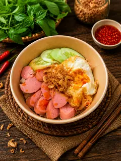 Hình ảnh Mì trộn xúc xích trứng ốp - trà chanh