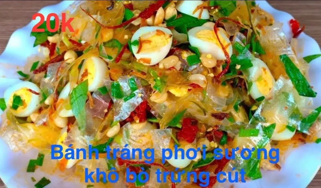 Hình ảnh Bánh tráng phơi sương, khô bò, trứng cút