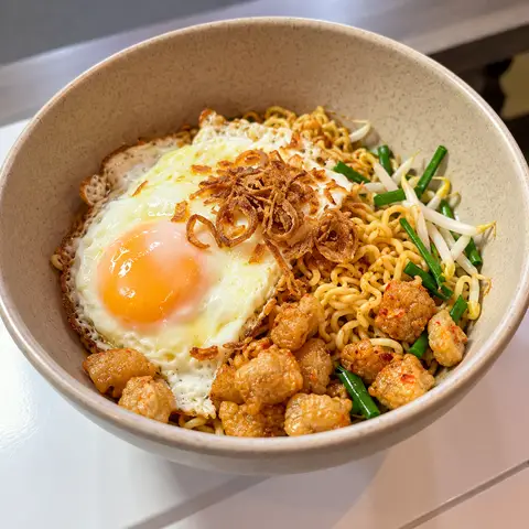 Hình ảnh Mì trộn tóp mỡ + trứng lòng đào
