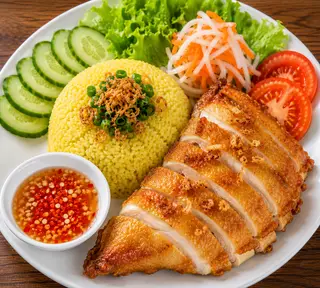 Hình ảnh cơm gà xối mỡ ức 
