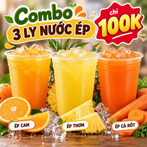 Hình ảnh Combo 3 ly gồm: 1 ép cam+1 ép thơm + 1 ép cà rốt