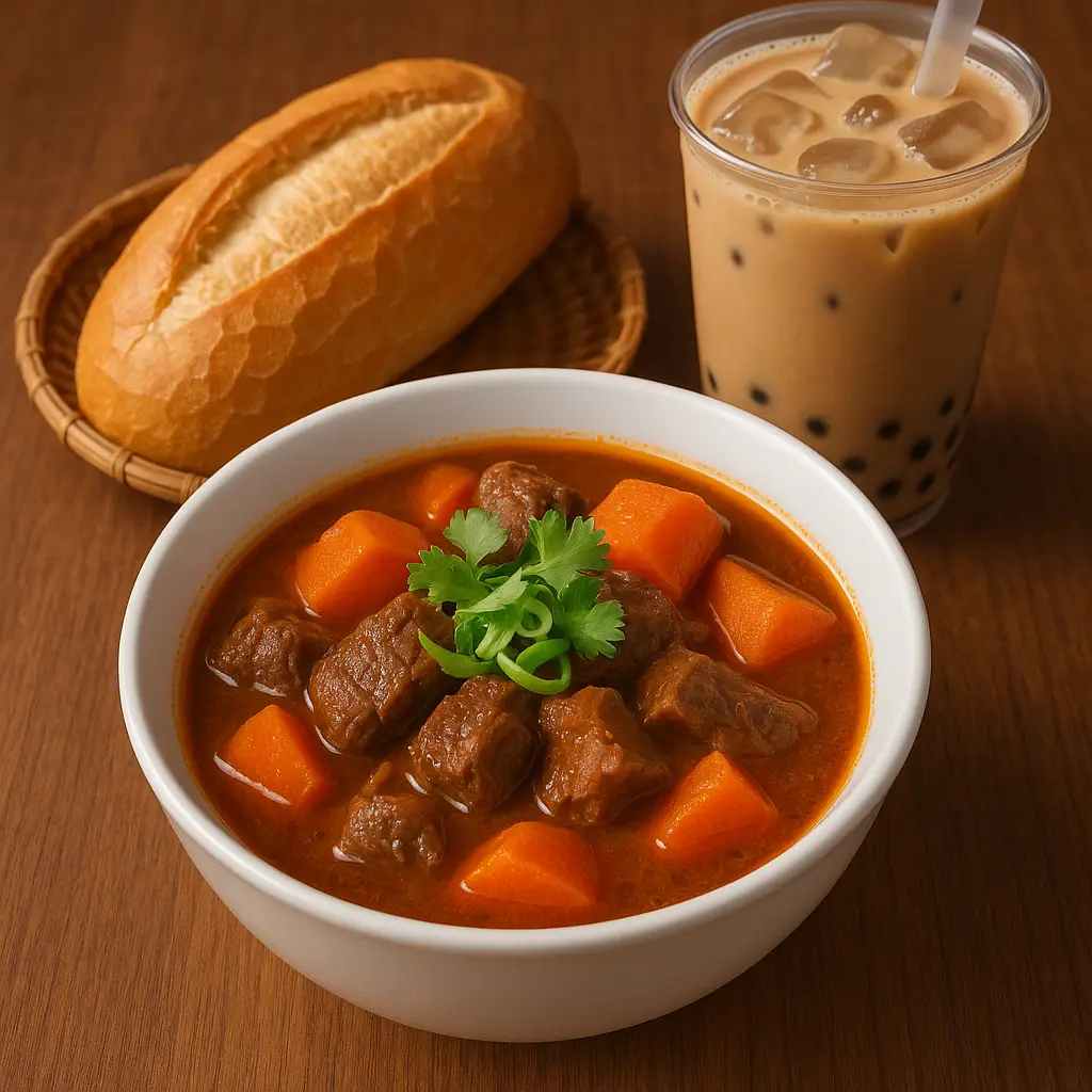 Hình ảnh Combo 1 cho 2 người: 2 Bò kho & 2 Trà sữa full topping/ trà trái cây