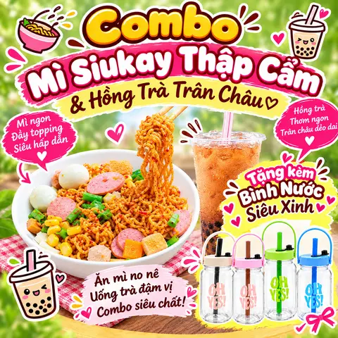 Hình ảnh Combo Mì trộn Siukay thập cẩm kèm Hồng Trà Trân Châu ( Tặng Bình Siêu Dễ Thương)