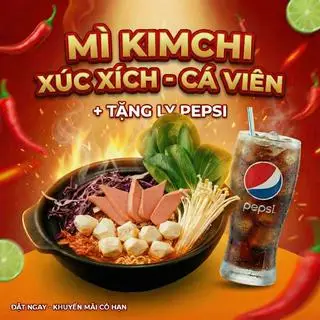 Hình ảnh Mì kim chi - xúc xích - cá viên - ly Coca 360ml