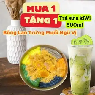 Hình ảnh bánh trứng muối 5 vị + trà sữa lieu sấy lạnh 