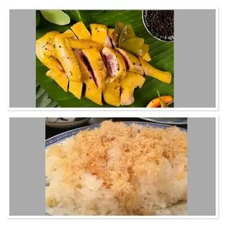 Hình ảnh nửa gà ủ muối để mát vs 1 xôi chà bông