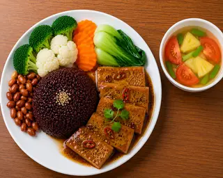 Hình ảnh Cơm lứt chả quế kho tiêu chay vegan