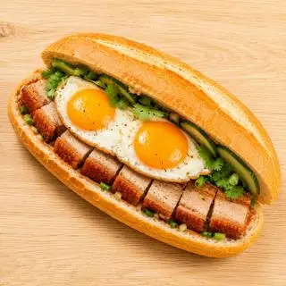 Hình ảnh Bánh Mì Heo Quay + 2 Trứng Ốp La + Trà Atiso đỏ (thạch trân châu)