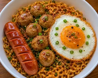 Hình ảnh Mì Indo trứng xúc xích bò viên