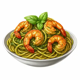 Hình ảnh MỚI • Mì sốt pesto kem và tôm áp chảo (pesto húng tây)